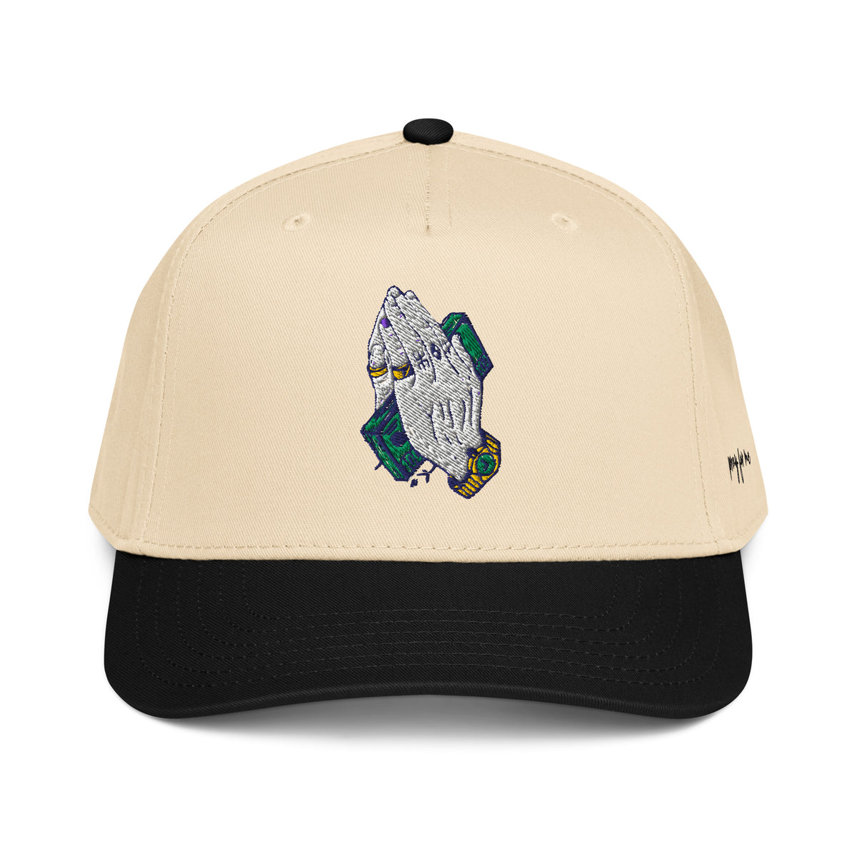StarSeeder Pray For Me embroidered 5-panel mid-profile hat in Black/Natural