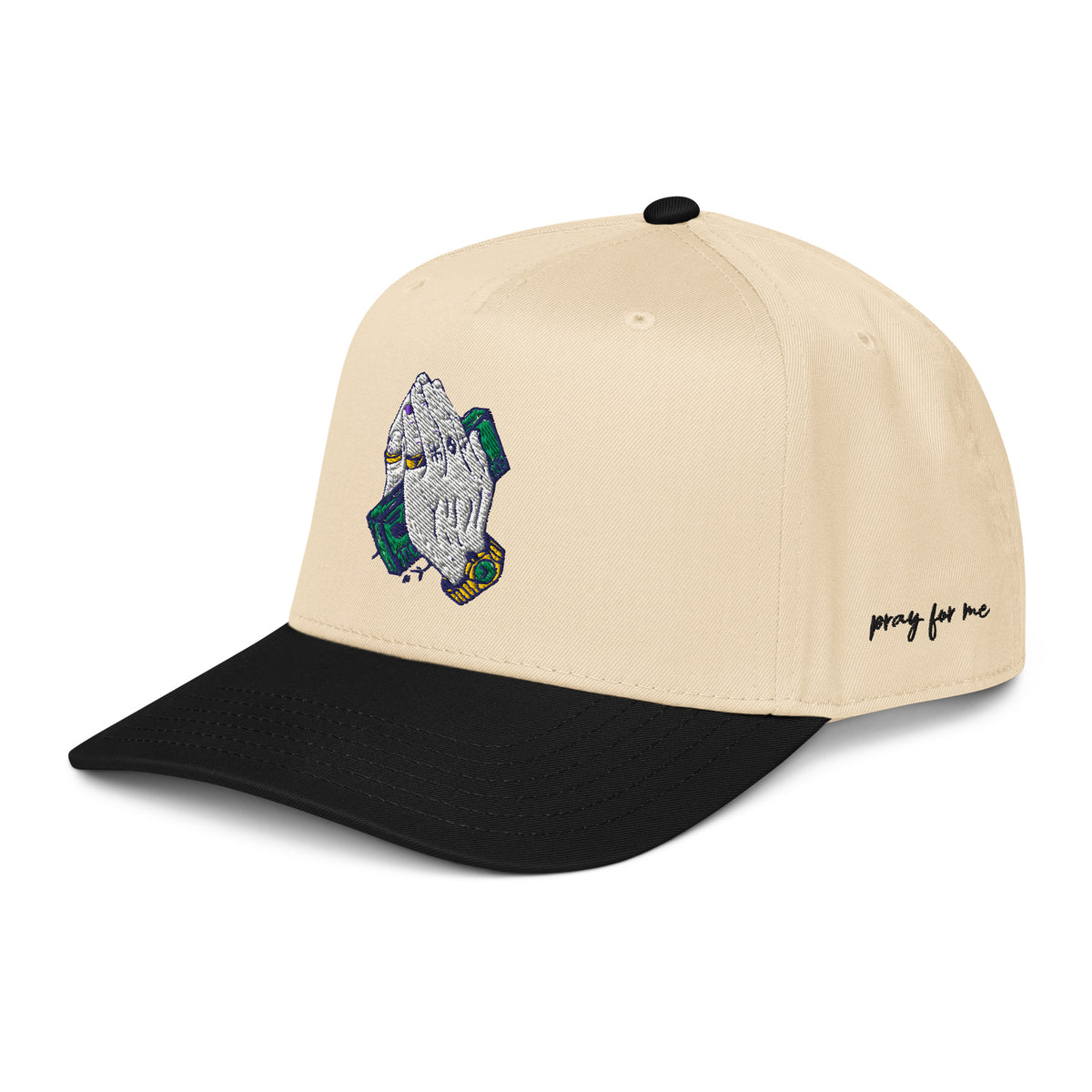 StarSeeder Pray For Me embroidered 5-panel mid-profile hat in Black/Natural