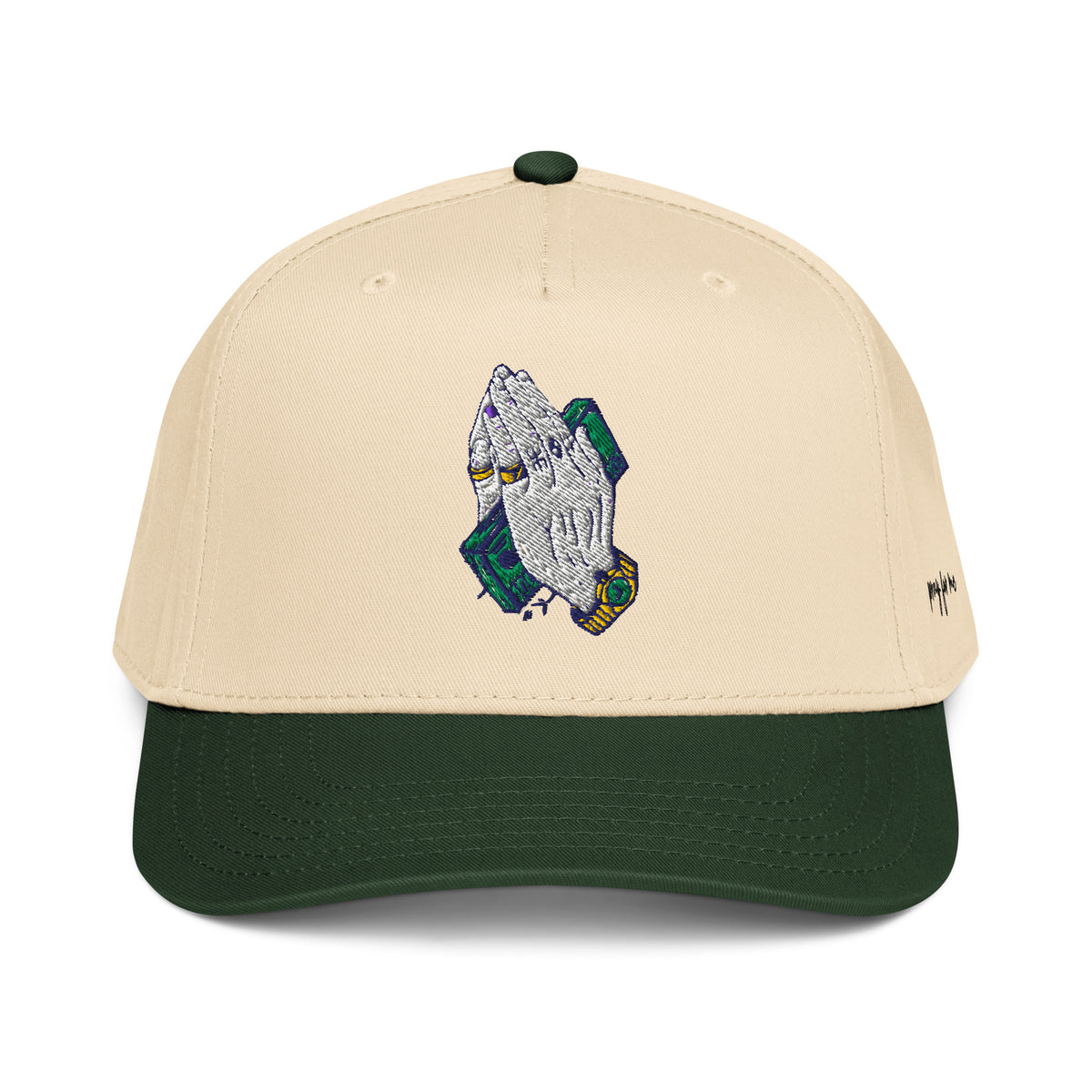 StarSeeder Pray For Me embroidered 5-panel mid-profile hat in Dark Green/Natural