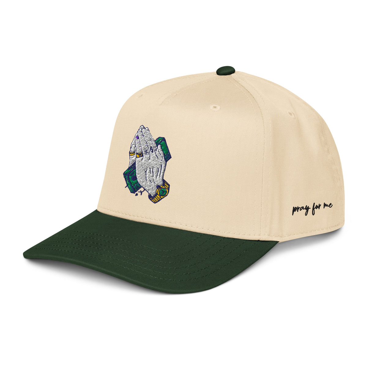 StarSeeder Pray For Me embroidered 5-panel mid-profile hat in Dark Green/Natural