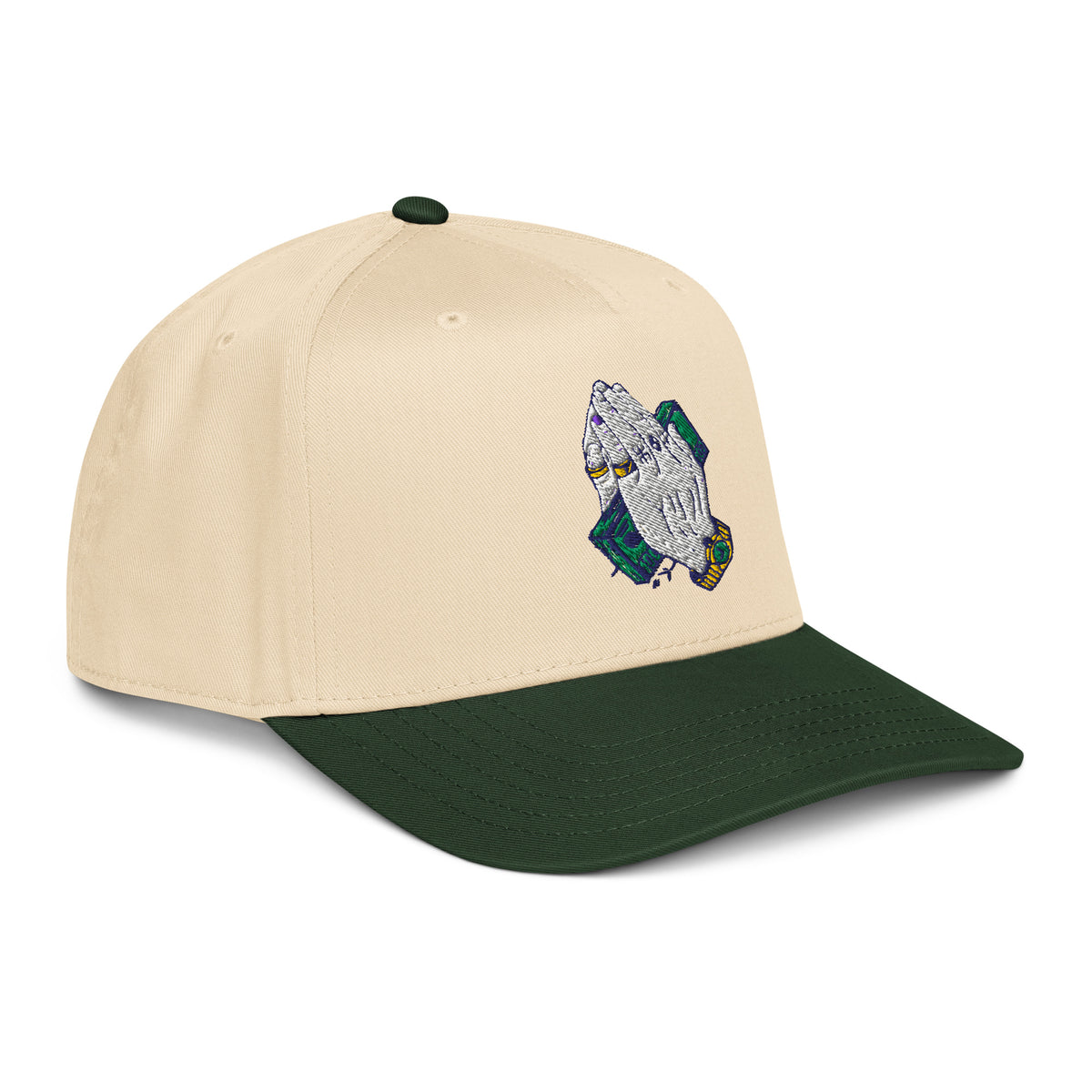 StarSeeder Pray For Me embroidered 5-panel mid-profile hat in Dark Green/Natural
