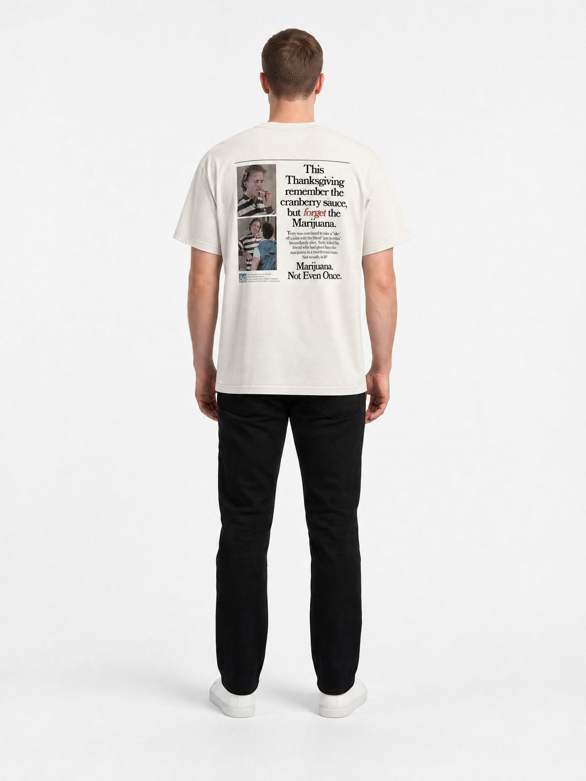 AI-generated model, no real person pictured. Happy Thanksgiving oversized faded tee in faded bone, back view.