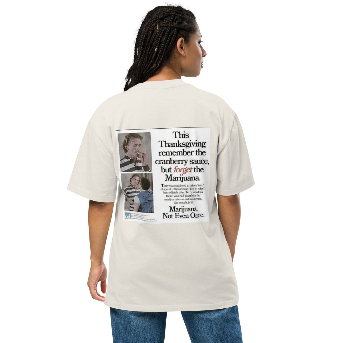 Happy Thanksgiving oversized faded tee in faded bone, back view on a women's studio model (Printful mockup)