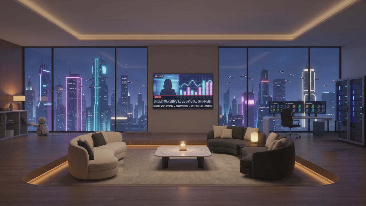 StarSeeder header loop v4: living room with the TV on Galactic News Network