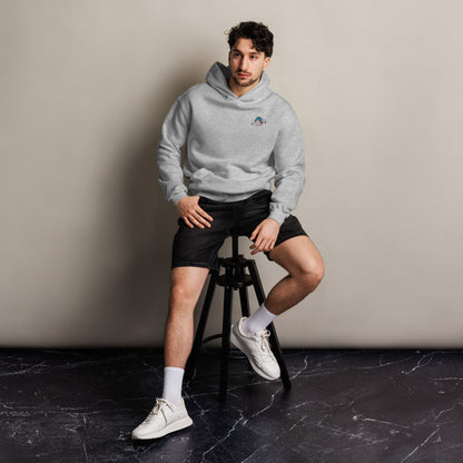 Protect Our Planet unisex oversized hoodie in athletic heather, front view on a men's lifestyle model (Printful mockup)
