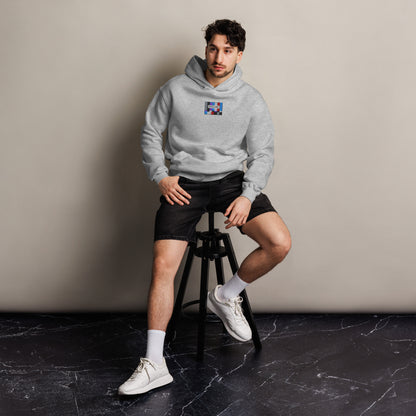 Offline unisex oversized hoodie in athletic heather, front view on a men's lifestyle model (Printful mockup)