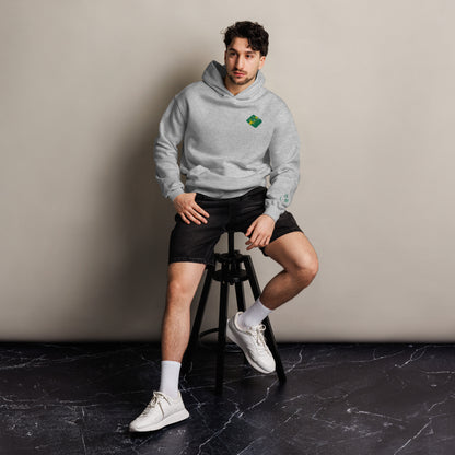 Mickey Money '22 unisex oversized hoodie in athletic heather, front view on a men's lifestyle model (Printful mockup)