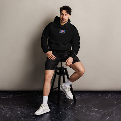 Offline unisex oversized hoodie in black, front view on a men's lifestyle model (Printful mockup)