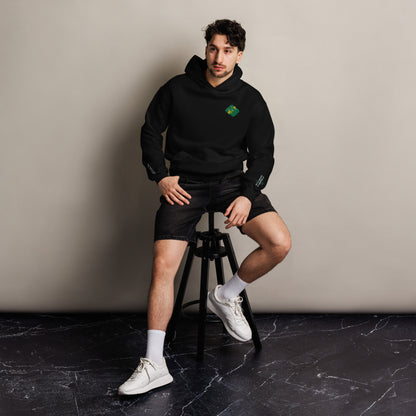 Mickey Money '22 unisex oversized hoodie in black, front view on a men's lifestyle model (Printful mockup)